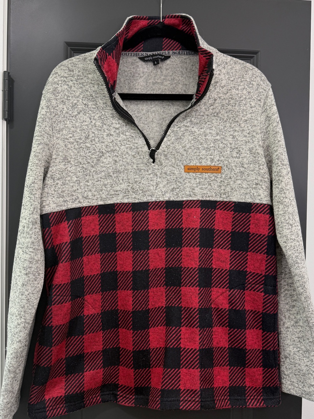 Simply Southern Gray Quarter-Zip with Red and Black Buffalo Plaid Panel